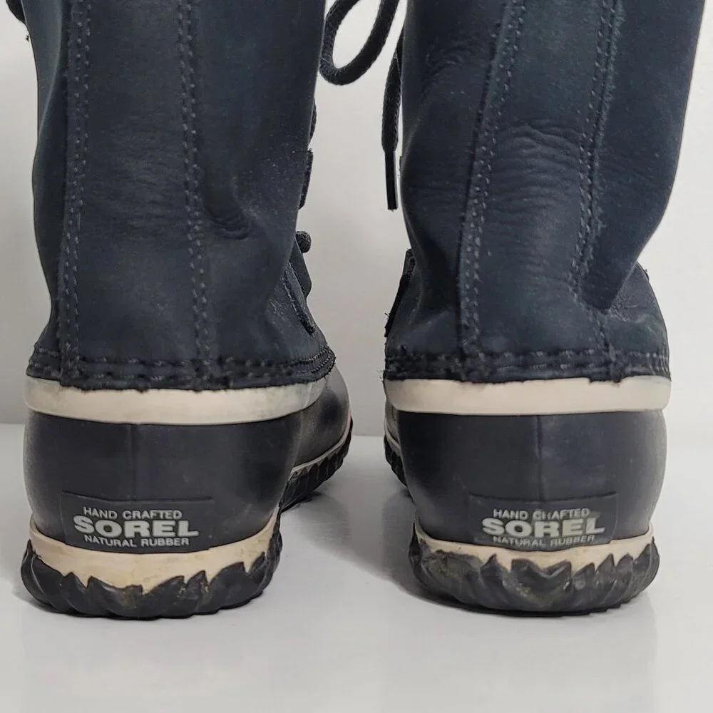 Sorel Caribou‎ Black Leather Boots Lace Up Womens 7 Faux Fur Winter NL2649-010